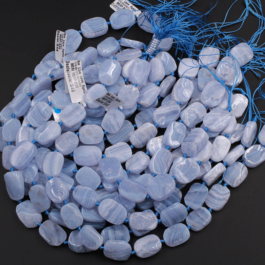 Large Natural Blue Lace Agate Beads Flat Freeform Rounded Rectangle Oval 16" Strand