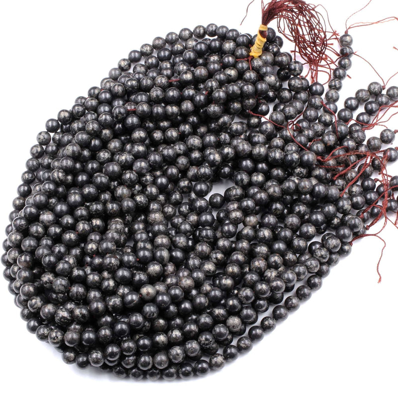 Rare Natural Pyrite in Magnetite 6mm 8mm Round Beads Powerful Manifestation Stone 16" Strand