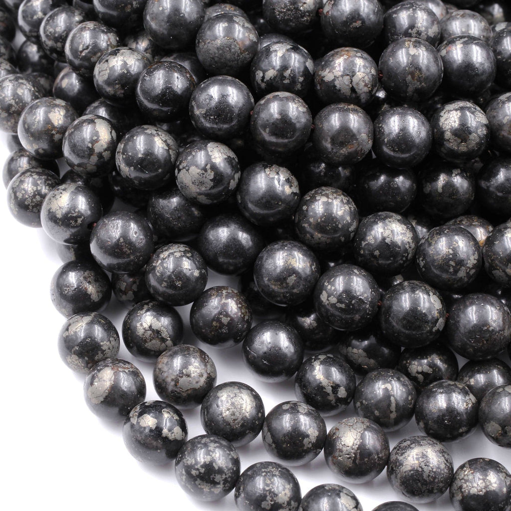 Rare Natural Pyrite in Magnetite 6mm 8mm Round Beads Powerful Manifestation Stone 16" Strand
