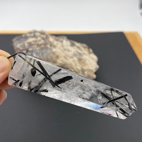 AAA Natural Black Tourmaline Rutilated Quartz Obelisk Point Pendant Side Drilled Crystal Tower A2