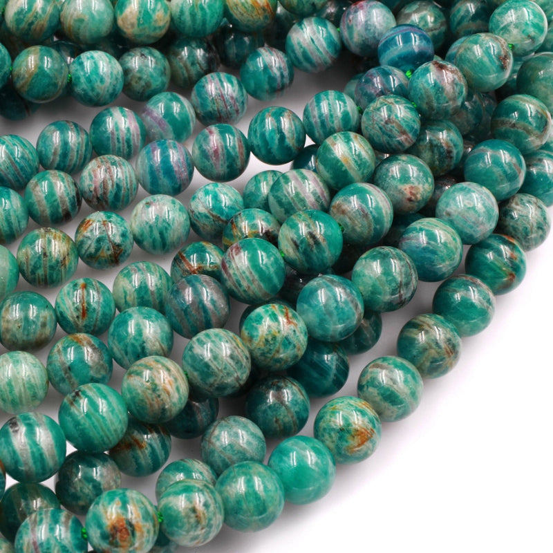 Rare! Banded Russian Amazonite 8mm 10mm Round Beads W Gold Pink Iron Matrix 16" Strand