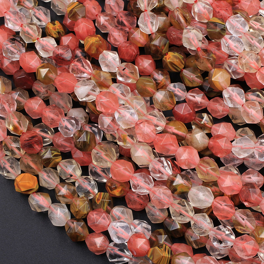 Star Cut Cherry Quartz Beads Faceted 6mm 8mm 10mm Rounded Nugget Sharp Facets 15" Strand