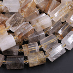 Faceted Dendritic Quartz Tube Beads Natural Golden Rock Crystal Thick Cylinder 16" Strand