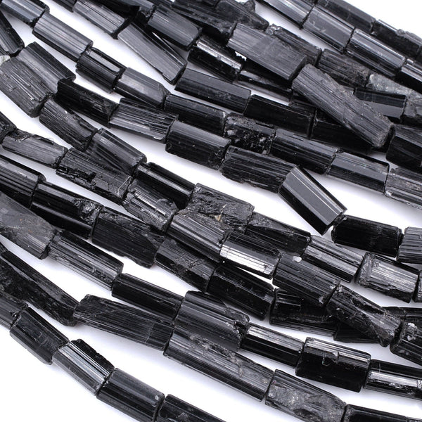 Drilled Raw Natural Black Tourmaline Beads Skinny Tube Nugget Real Genuine Black Tourmaline Crystal Shaped Gemstones 17" Strand