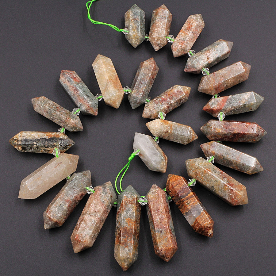 Large Lodalite Phantom Quartz Beads Double Terminated Points Top Side Drilled Healing Natural Red Crystal Focal Pendant 16" Strand