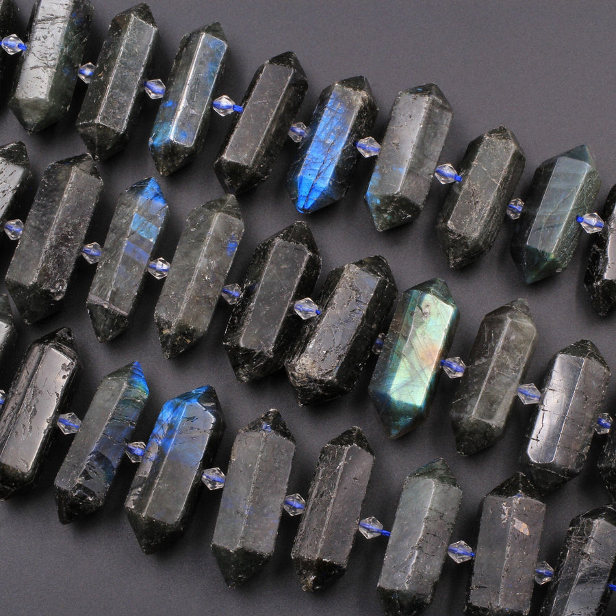 Natural Black Labradorite Beads Double Terminated Point Bullet Long Center Drilled Pendant Focal Bead 16" Strand