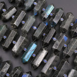 Natural Black Labradorite Beads Double Terminated Point Bullet Long Center Drilled Pendant Focal Bead 16" Strand