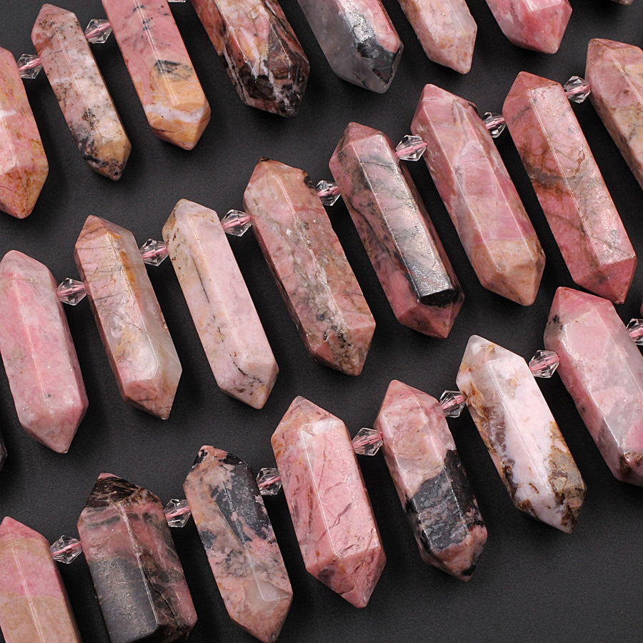 Natural Pink Red Rhodonite Beads Faceted Double Terminated Point Bullet Long Side Drilled Pendant Pendulum Bead 16" Strand