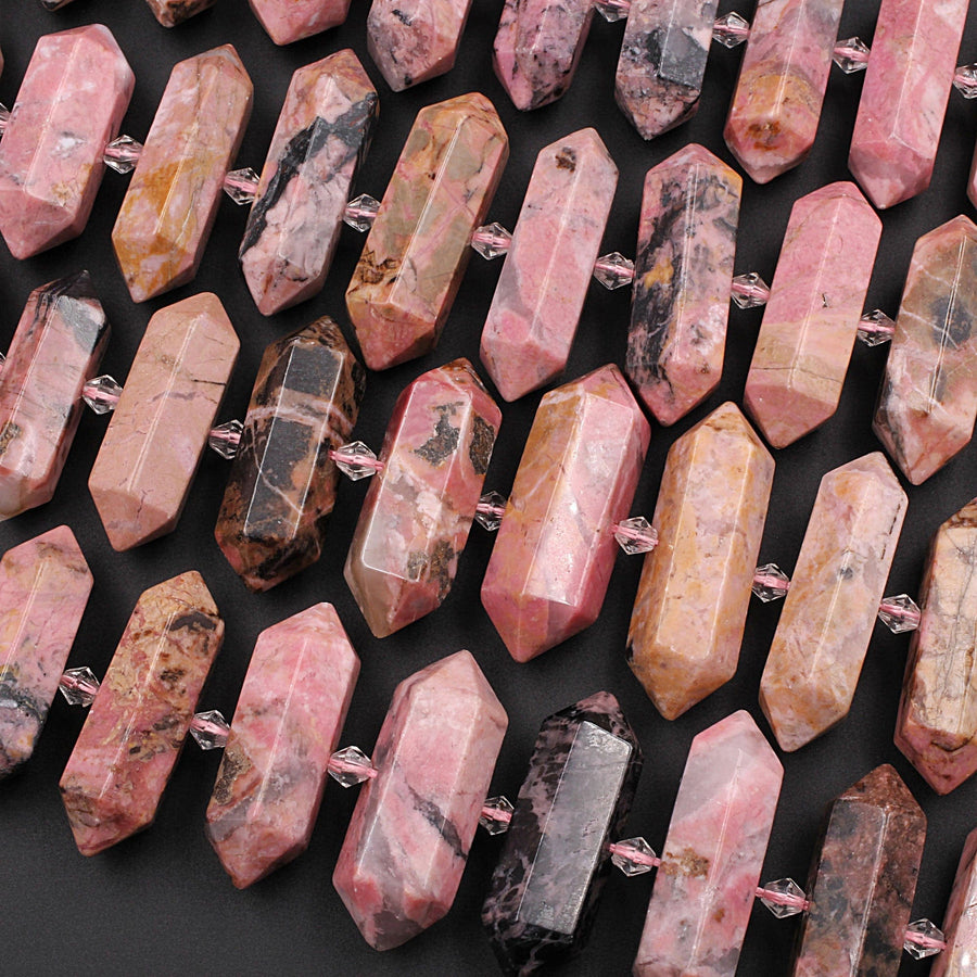 Natural Pink Red Rhodonite Beads Faceted Double Terminated Point Bullet Center Drilled Pendant Bead 16" Strand