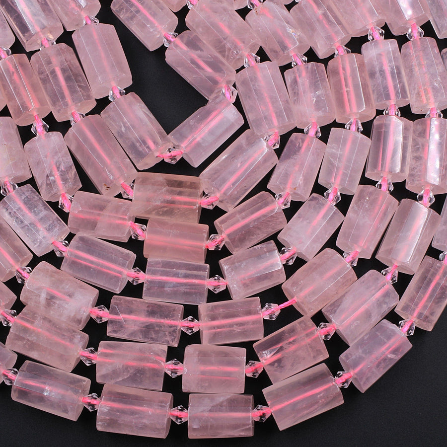 Large Faceted Natural Rose Quartz Tube Beads Soft Pink Gemstone Cylinder 16" Strand