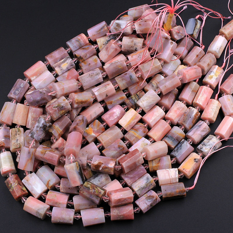 Large Faceted Peruvian Pink Opal Tube Beads Cylinder 16" Strand