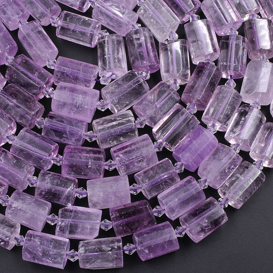 Large Faceted Natural Amethyst Tube Beads Extra Translucent Purple Amethyst Gemstone Cylinder 16" Strand