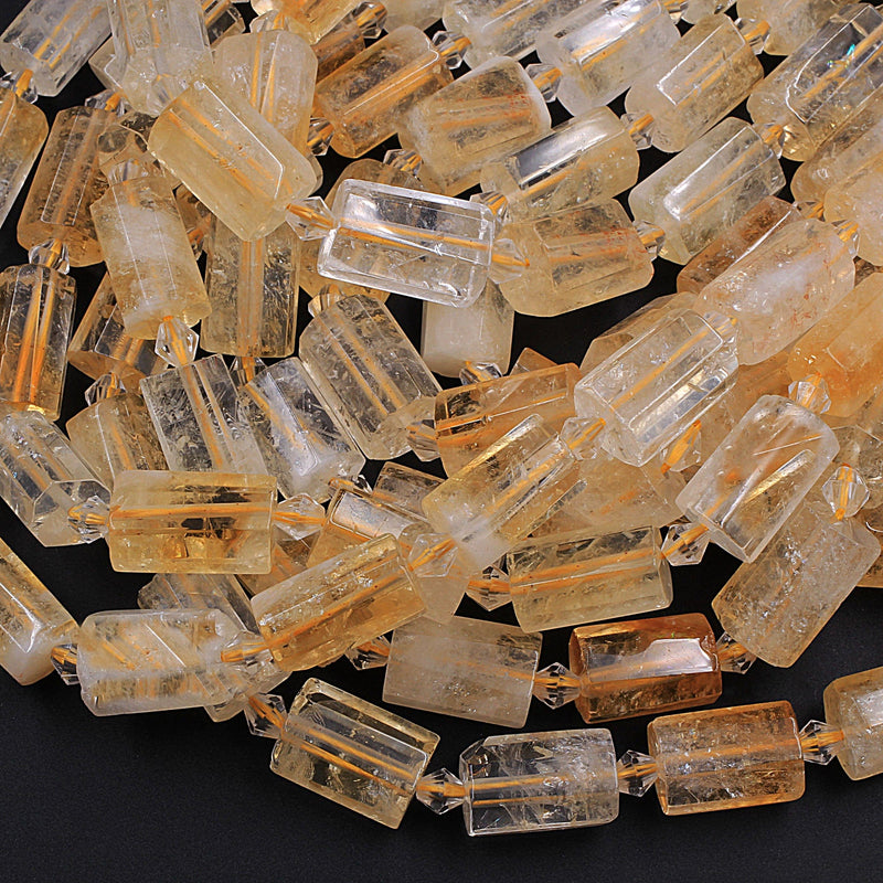 Large Faceted Natural Citrine Tube Cylinder Beads 16" Strand