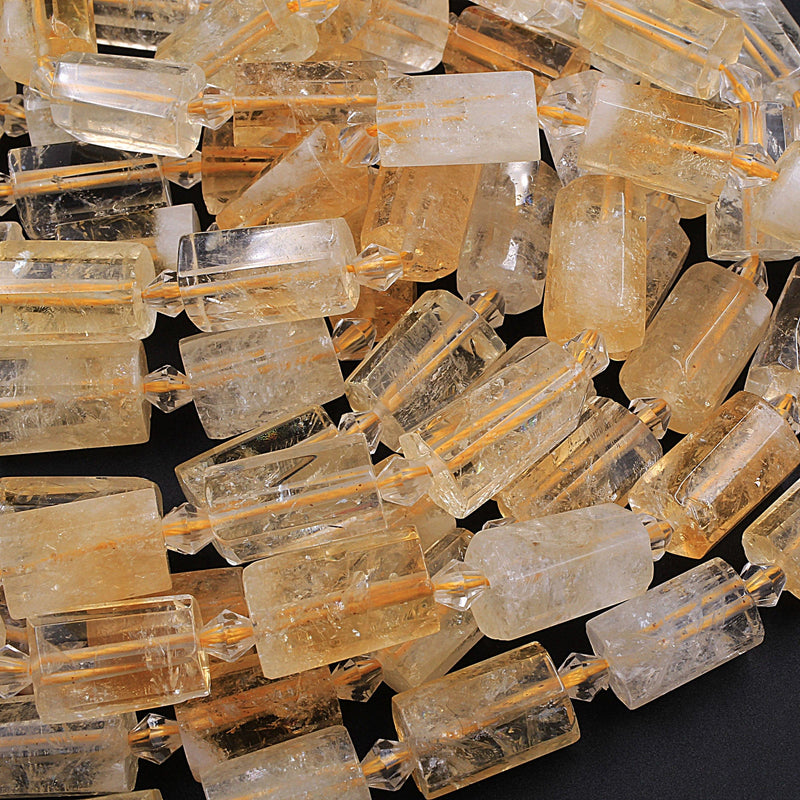 Large Faceted Natural Citrine Tube Cylinder Beads 16" Strand