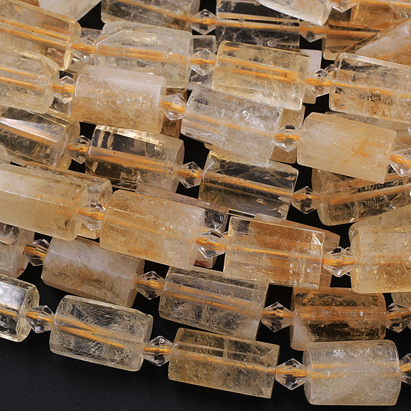 Large Faceted Natural Citrine Tube Cylinder Beads 16" Strand