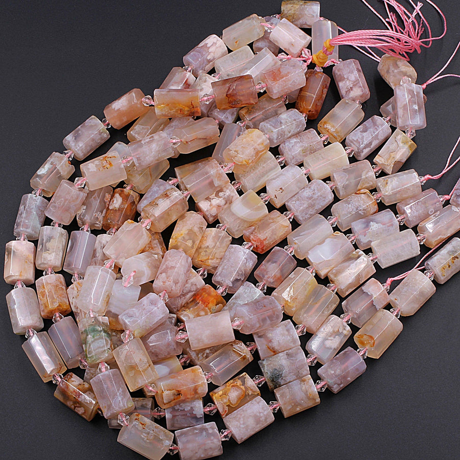Large Faceted Cherry Blossom Agate Tube Cylinder Beads 15.5" Strand