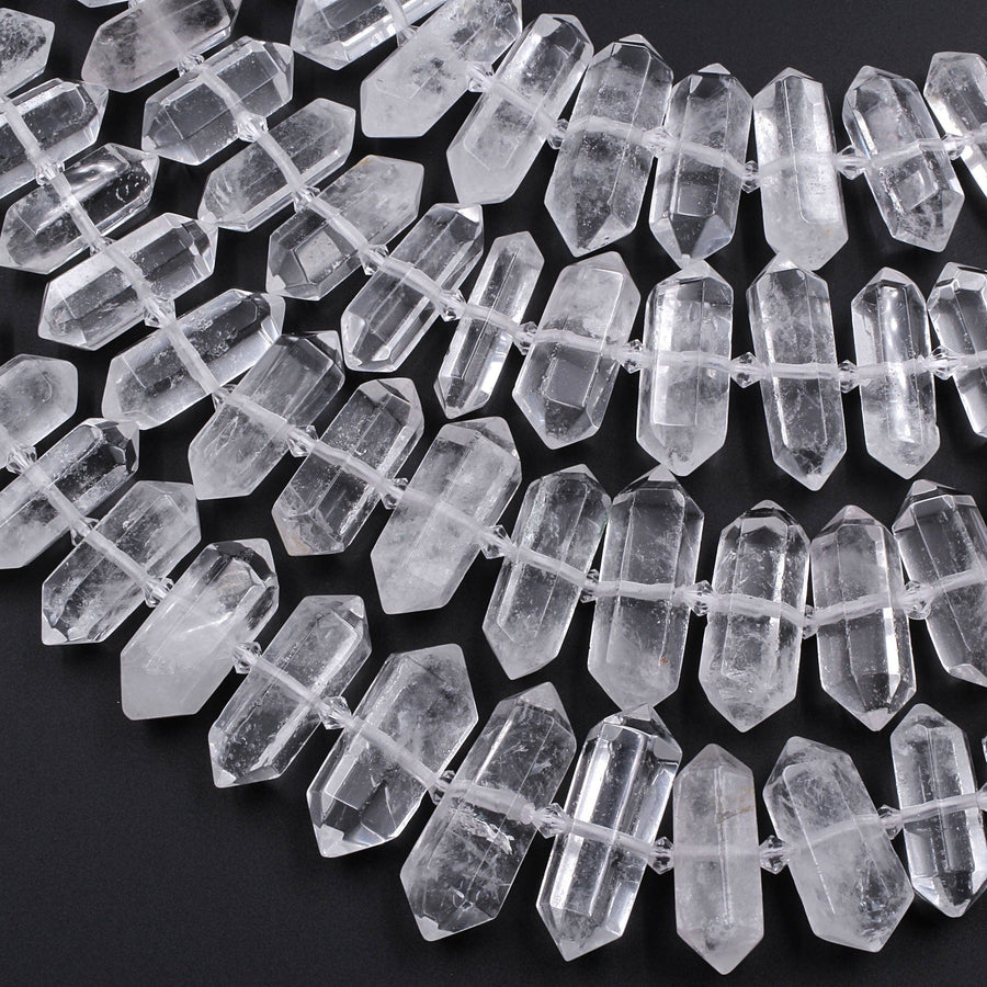 Rock Crystal Quartz Beads Short Double Terminated Points Center Drilled Healing Natural Quartz Crystal Focal Pendant Bead 15.5" Strand