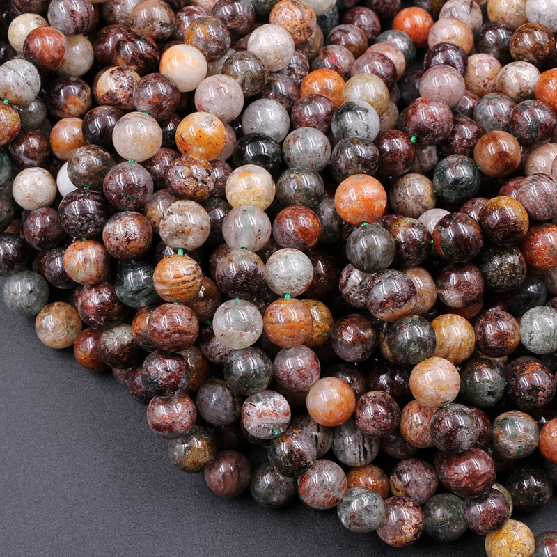 Natural Phantom Quartz Beads Lodolite Beads 6mm 7mm  8mm Intense Red Green Yellow Brown Copper Bronze Minerals Matrix 16" Strand