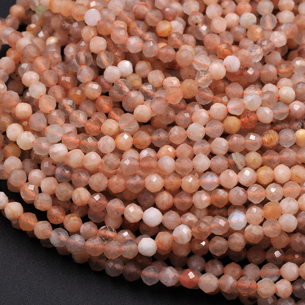 Faceted Natural Peach Moonstone Round Beads 3mm 4mm 16" Strand
