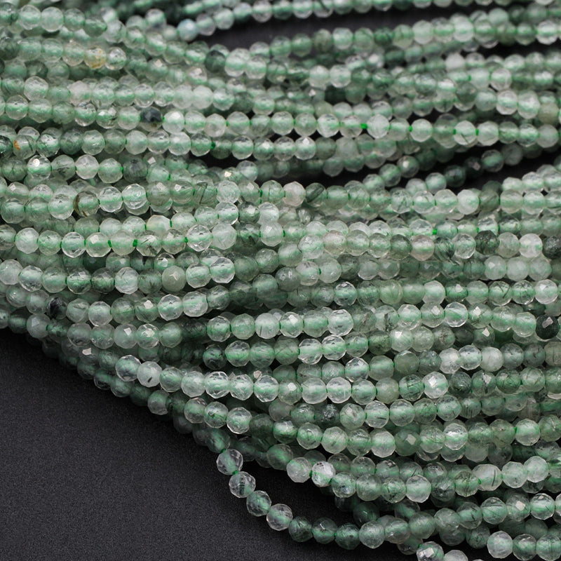 Micro Faceted Natural Green Phantom Rutile Quartz Round Beads 2mm 16" Strand