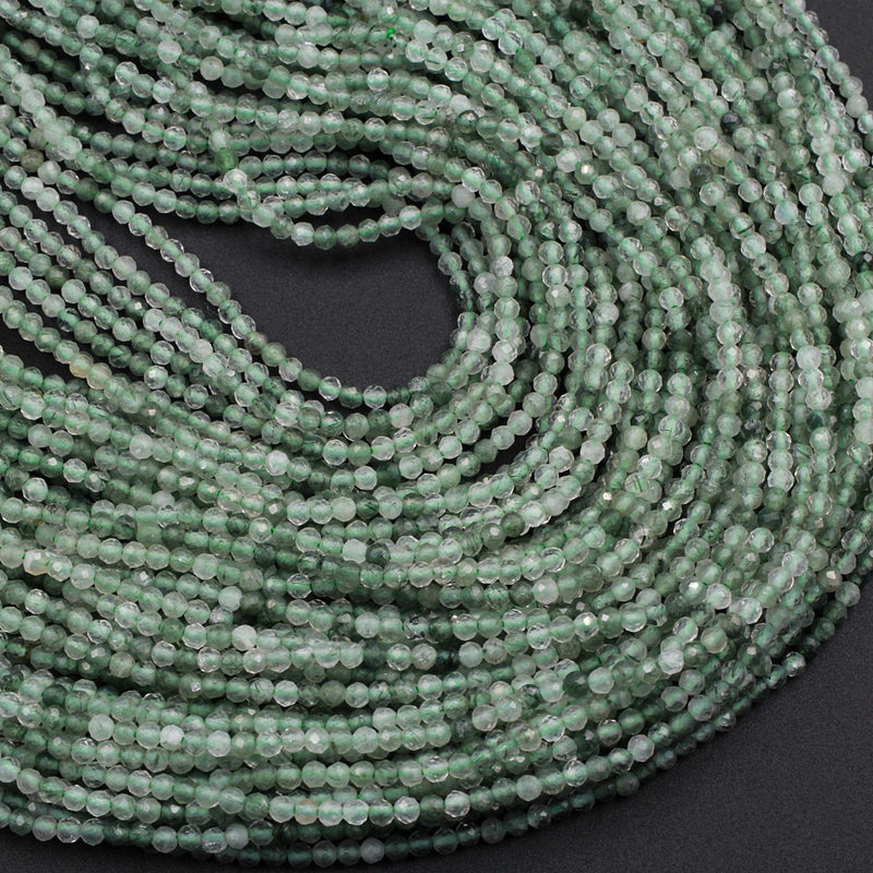 Micro Faceted Natural Green Phantom Rutile Quartz Round Beads 2mm 16" Strand