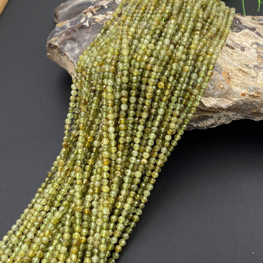 AAA Micro Faceted 3mm Natural Green Garnet Round Beads Sparkling Laser Diamond Cut Gemstone 16" Strand