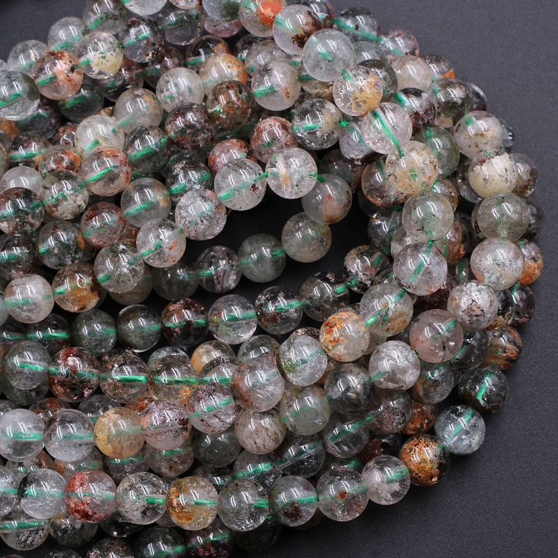Natural Phantom Quartz Beads Lodolite Beads 6mm  8mm Red Green Yellow Brown Copper Bronze Minerals Matrix 15.5" Strand