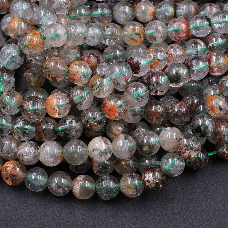 Natural Phantom Quartz Beads Lodolite Beads 6mm  8mm Red Green Yellow Brown Copper Bronze Minerals Matrix 15.5" Strand