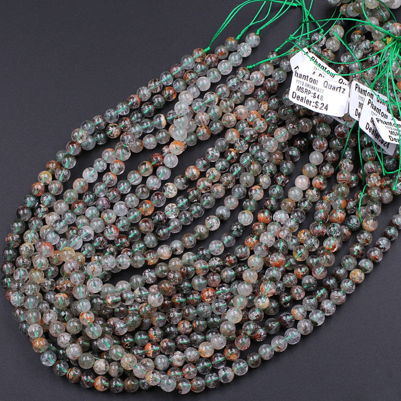 Natural Phantom Quartz Beads Lodolite Beads 6mm  8mm Red Green Yellow Brown Copper Bronze Minerals Matrix 15.5" Strand