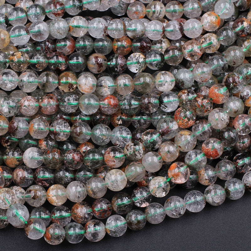 Natural Phantom Quartz Beads Lodolite Beads 6mm  8mm Red Green Yellow Brown Copper Bronze Minerals Matrix 15.5" Strand