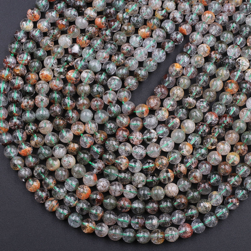 Natural Phantom Quartz Beads Lodolite Beads 6mm  8mm Red Green Yellow Brown Copper Bronze Minerals Matrix 15.5" Strand