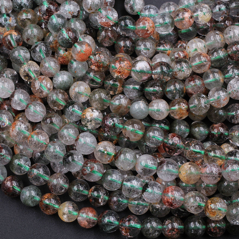 Natural Phantom Quartz Beads Lodolite Beads 6mm  8mm Red Green Yellow Brown Copper Bronze Minerals Matrix 15.5" Strand