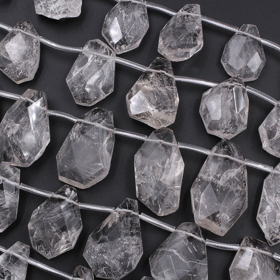 Natural Smoky Rock Quartz Freeform Teardrop Focal Pendant Top Side Drilled Clear Sparkling Gemstone Creative Designer Hand Cut 16" Strand