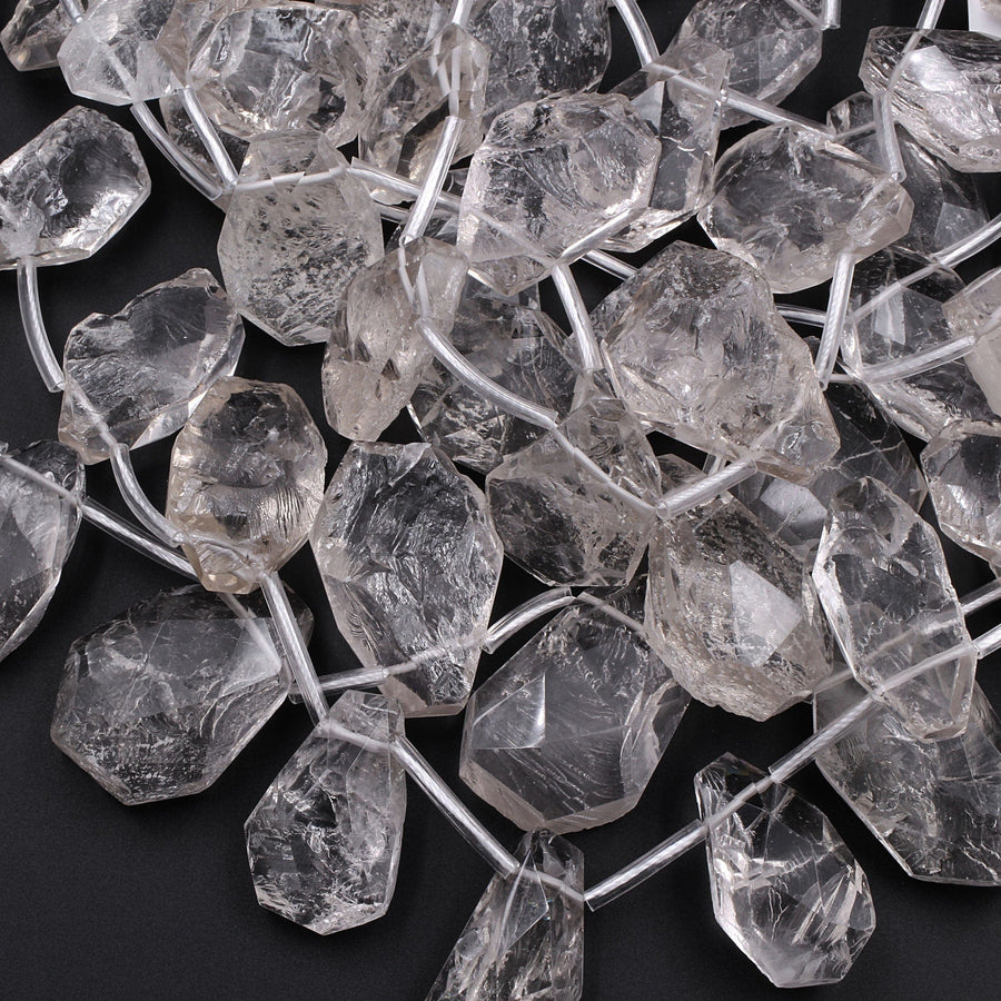 Natural Smoky Rock Quartz Freeform Teardrop Focal Pendant Top Side Drilled Clear Sparkling Gemstone Creative Designer Hand Cut 16" Strand