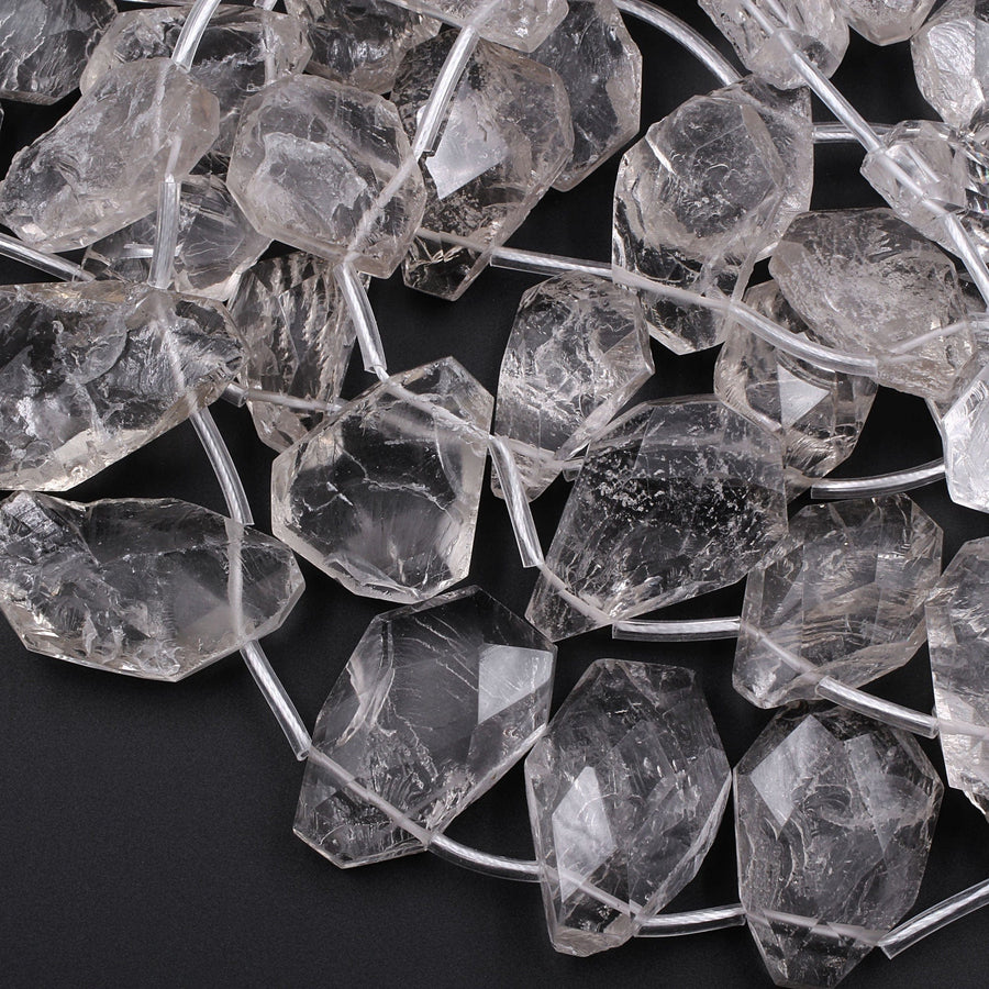 Natural Smoky Rock Quartz Freeform Teardrop Focal Pendant Top Side Drilled Clear Sparkling Gemstone Creative Designer Hand Cut 16" Strand