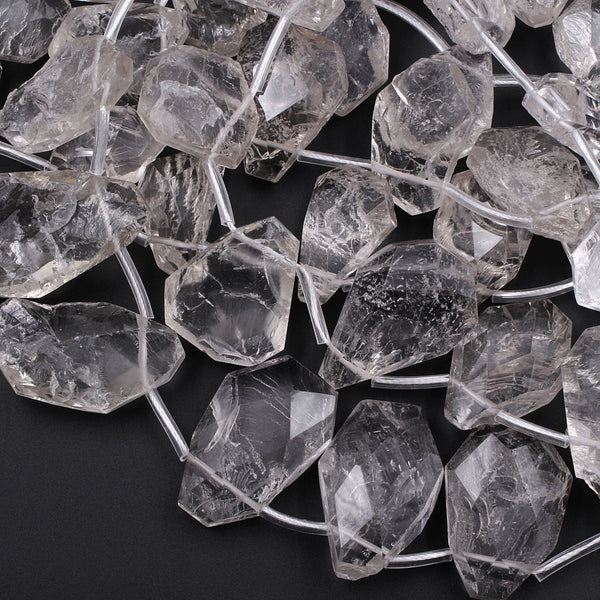 Natural Smoky Rock Quartz Freeform Teardrop Focal Pendant Top Side Drilled Clear Sparkling Gemstone Creative Designer Hand Cut 16" Strand