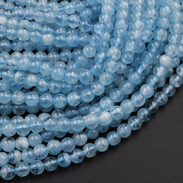 AAA Gemmy Natural Blue Aquamarine 4mm 6mm Smooth Round Beads 15.5" Strand