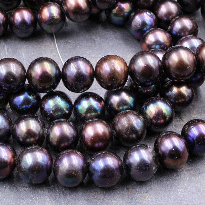 Large Black Peacock Pearl 10mm 12mm Round Pearl Shimmery Iridescent Real Genuine Freshwater Pearl 16" Strand