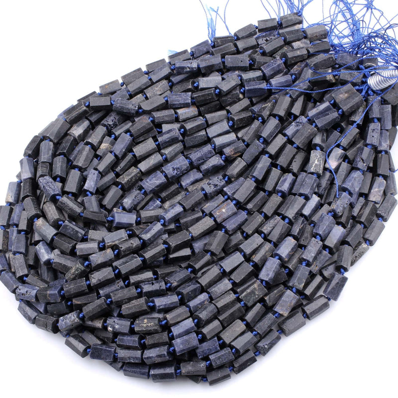 Raw Natural Blue Sapphire Faceted Rectangle Tube Matte Beads Genuine Blue Sapphire Gemstone 15.5" Strand