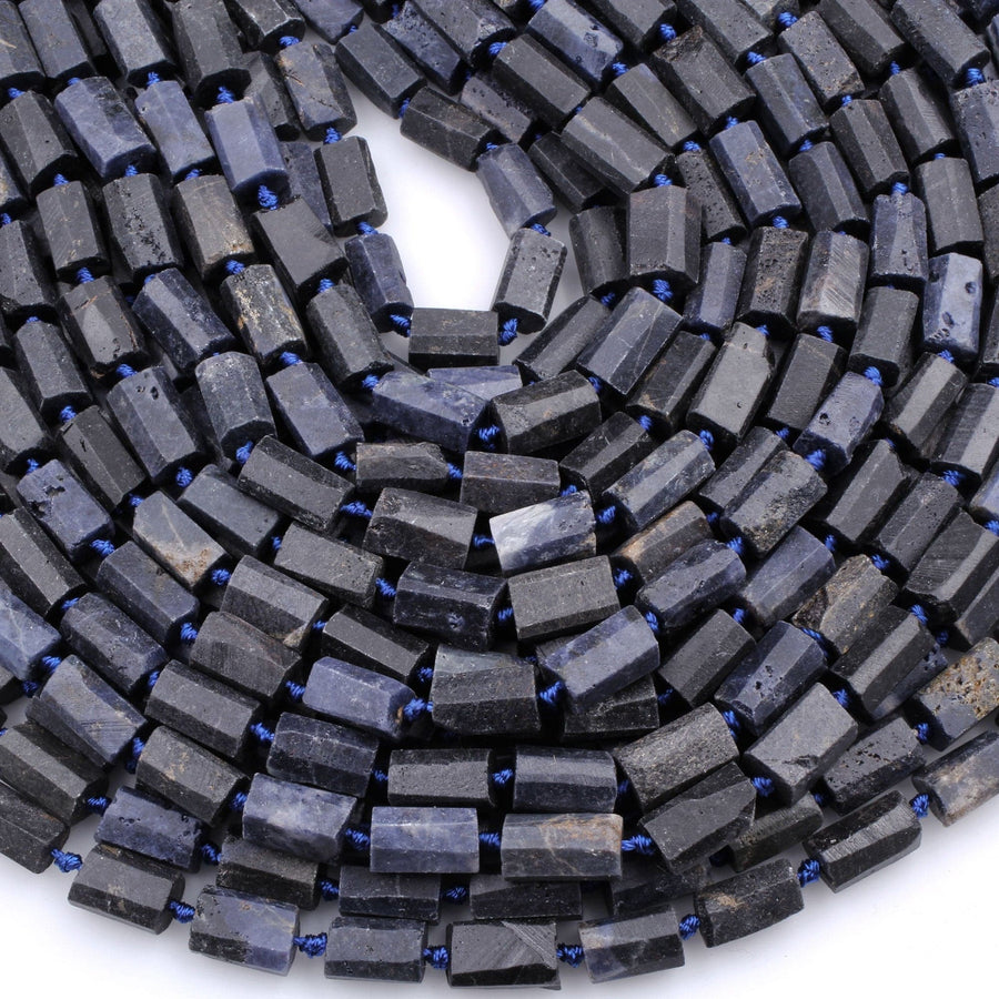 Raw Natural Blue Sapphire Faceted Rectangle Tube Matte Beads Genuine Blue Sapphire Gemstone 15.5" Strand