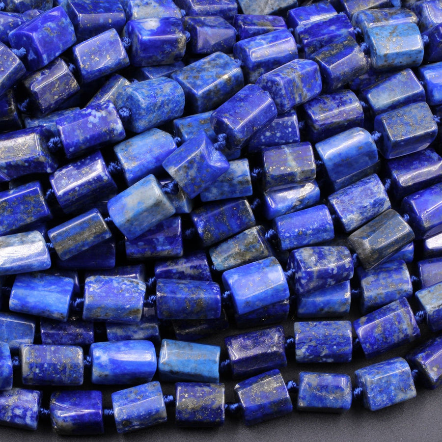 Faceted Natural Blue Lapis Tube Rectangle Cylinder Beads  Gold Pyrite Specks 16" Strand