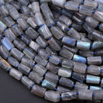 Labradorite Tube Beads 12mm Lots of Rainbow Flashes 15.5" Strand