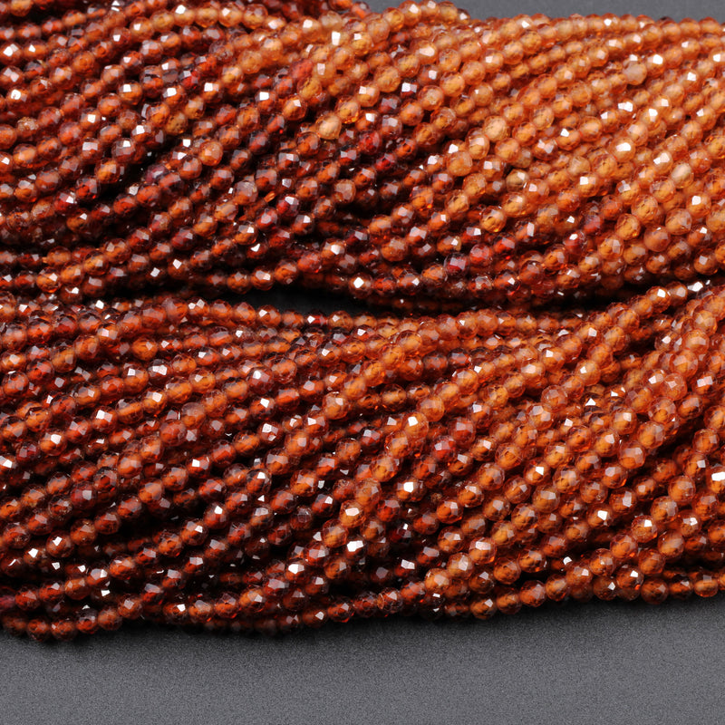 Multicolor Natural Orange Hessonite Garnet Faceted 2mm 3mm Round Beads Diamond Cut Gemstone 16" Strand