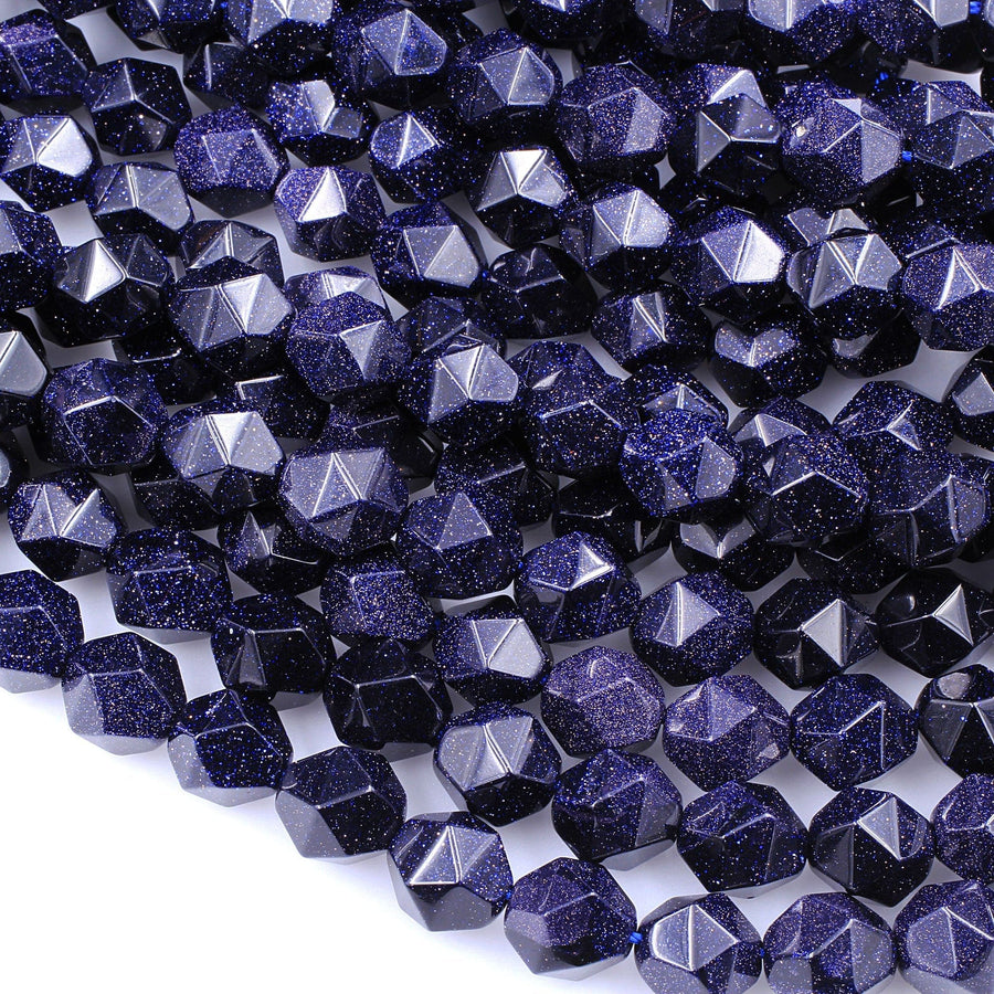Star Cut Blue Goldstone Beads Faceted 8mm 10mm Rounded Nugget Sharp Facets 15" Strand