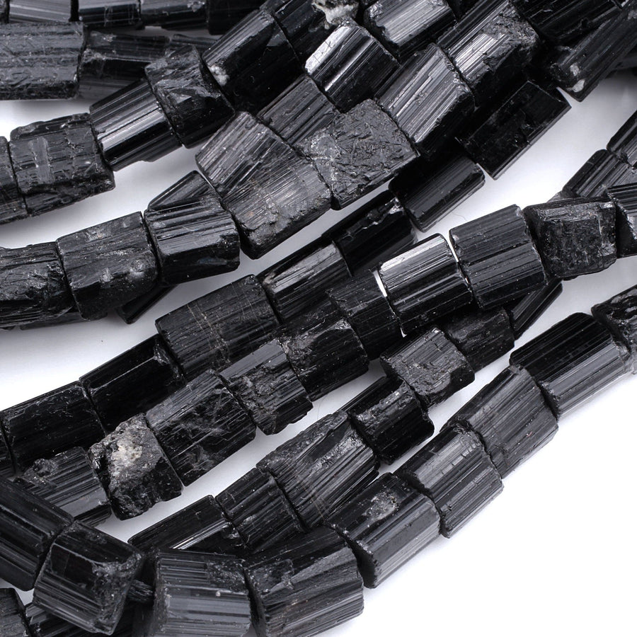 Drilled Raw Natural Black Tourmaline Beads Tube Nugget Real Genuine Black Tourmaline Crystal Shaped Gemstones 17" Strand