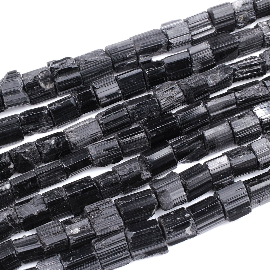 Drilled Raw Natural Black Tourmaline Beads Tube Nugget Real Genuine Black Tourmaline Crystal Shaped Gemstones 17" Strand