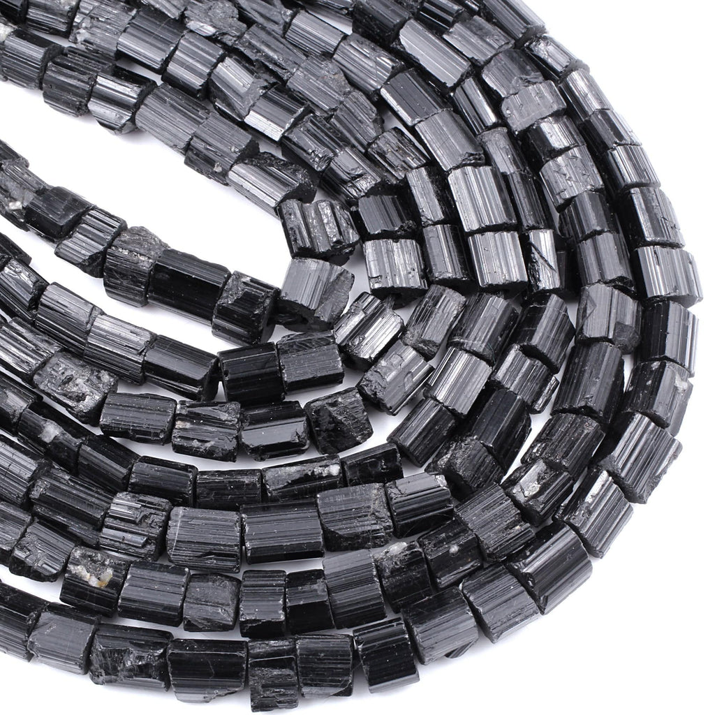 Drilled Raw Natural Black Tourmaline Beads Tube Nugget Real Genuine Black Tourmaline Crystal Shaped Gemstones 17" Strand