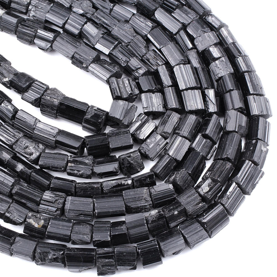 Drilled Raw Natural Black Tourmaline Beads Tube Nugget Real Genuine Black Tourmaline Crystal Shaped Gemstones 17" Strand
