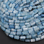 Matte Natural Blue Aquamarine Faceted Tube Beads Cylinder Barrel Gemstone 16" Strand