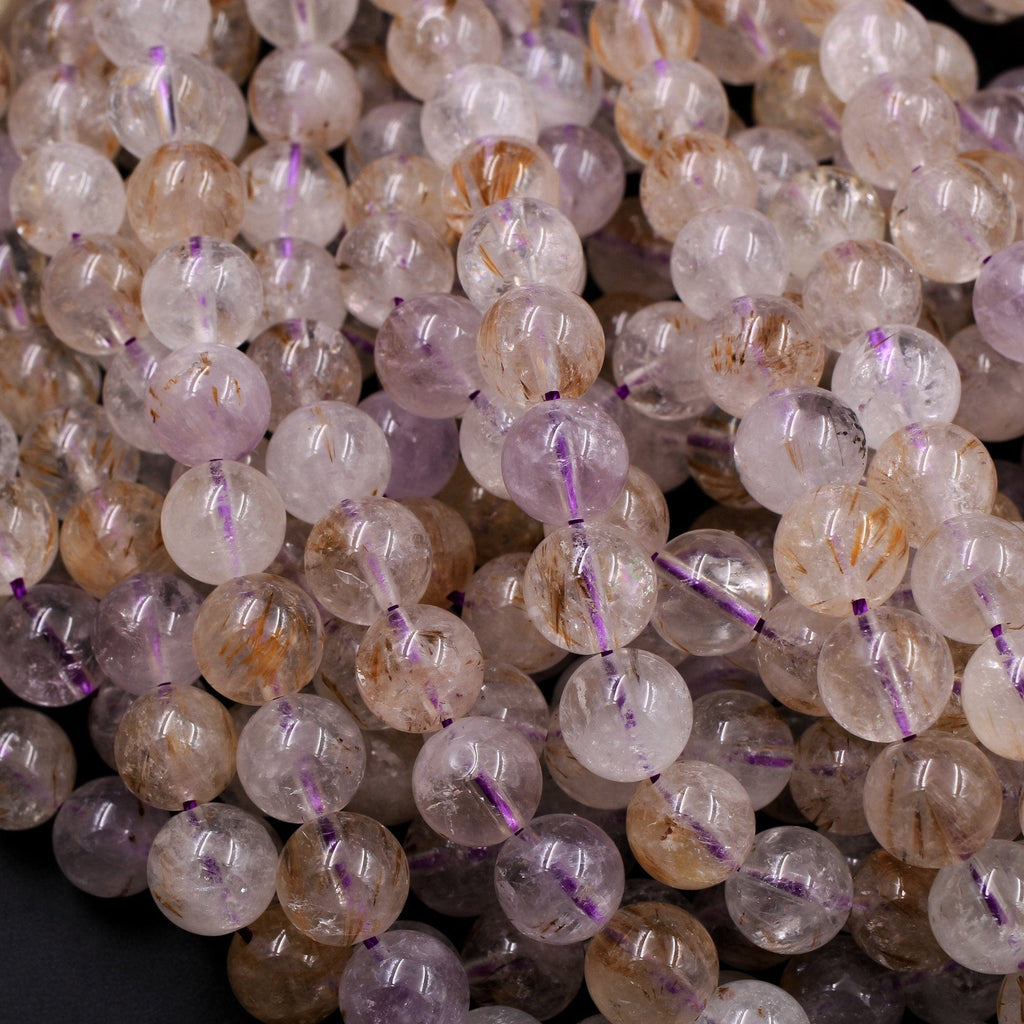 Amethyst Super 7 Beads 8mm Round Cacoxenite Rutile Quartz Crystal
